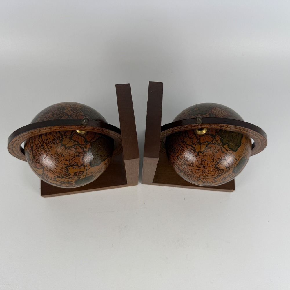 Vintage Pair of Zona Torrida Desktop Bookcase Wood Globe Book Ends Made in Italy - Picture 2 of 5